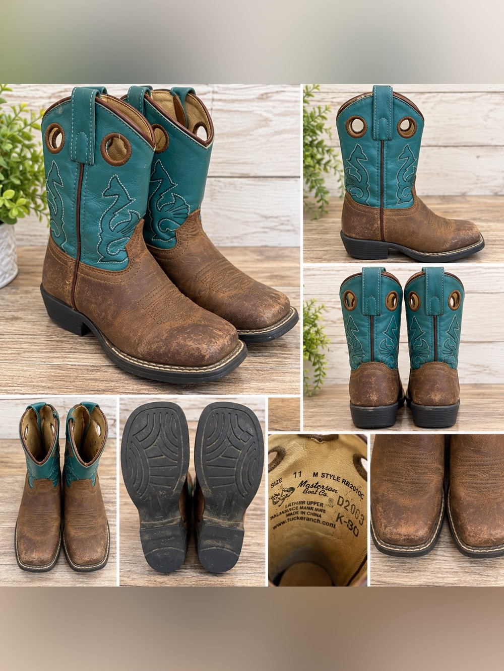 Masterson Boot Co Kids Brown & Turquoise Leather Western Cowboy Boots Size 11M